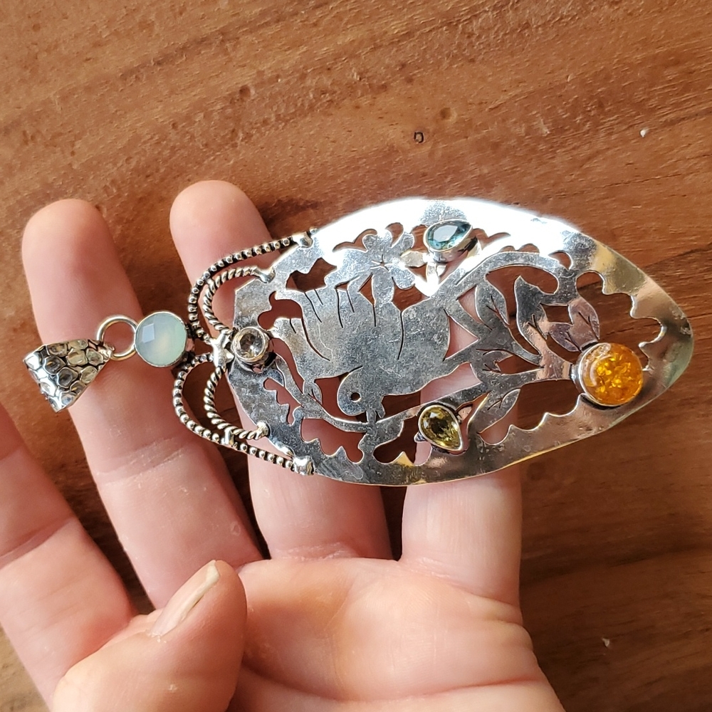 New Oversized Multi Gemstone 925 Silver Dove Pendant.